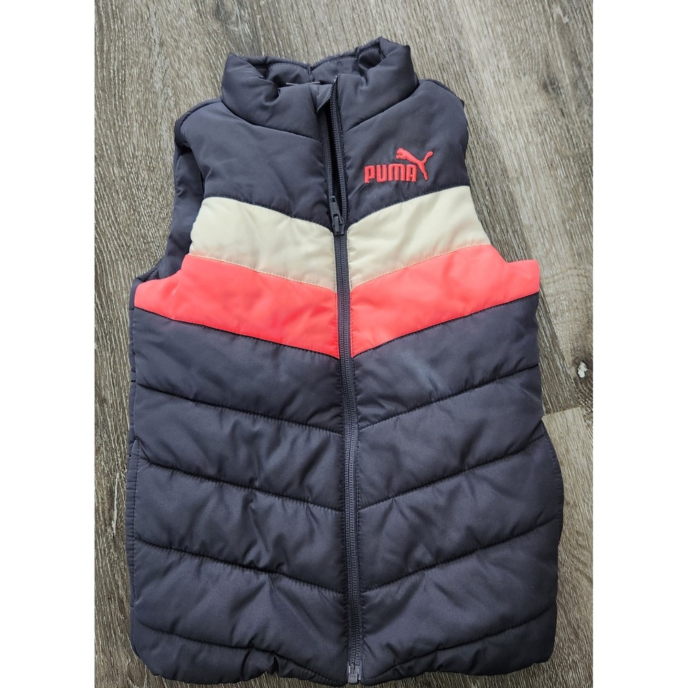 Puma Kids Puffer Vest Navy Coral Chevron Full Zip Quilted Outerwear Size S
